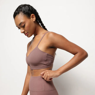 Combo - Ribbed Stretch Fabric Yoga Bralette - Ribbed High Rise Leggings - Brown Tan