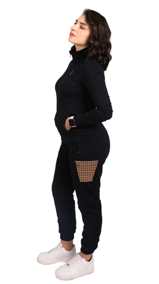 Combo - Women's Front Zip Hooded Jacket - Women's Pocketed Joggers - Black