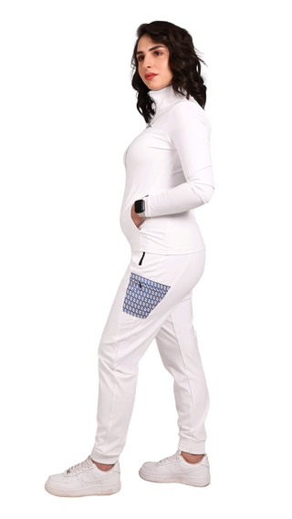 Combo - Women's Front Zip Hooded Jacket - Women's Pocketed Joggers - White