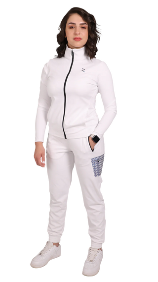 Combo - Women's Front Zip Hooded Jacket - Women's Pocketed Joggers - White